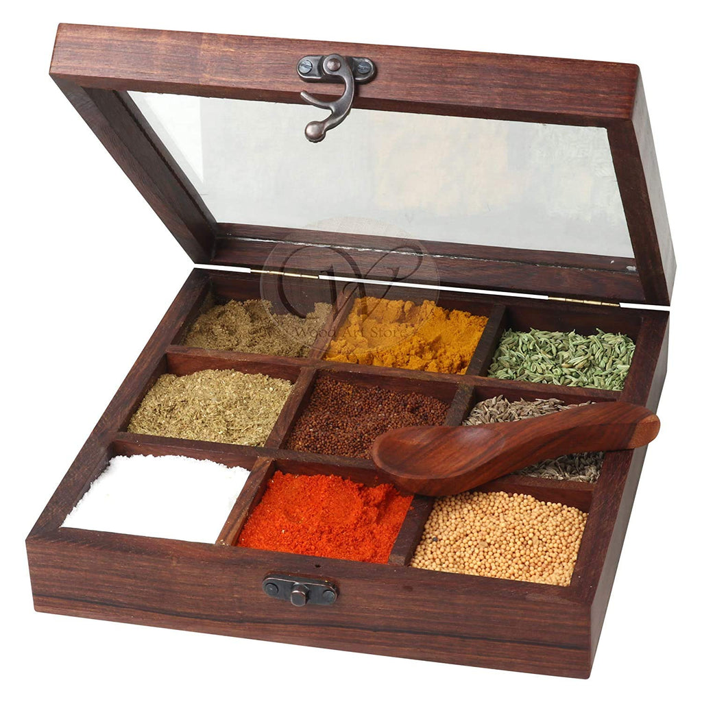 Handrafted Wood Spice Box 8 Inch X 8 Inch Square Box With Glass Lid Vintage  Antique Carved Masala Dabba Space Saving Kitchen Spice Organizer 