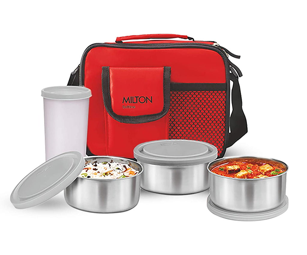 Milton Steel Combi Office/College Lunch Box with Tumbler, 4-Pieces, Red
