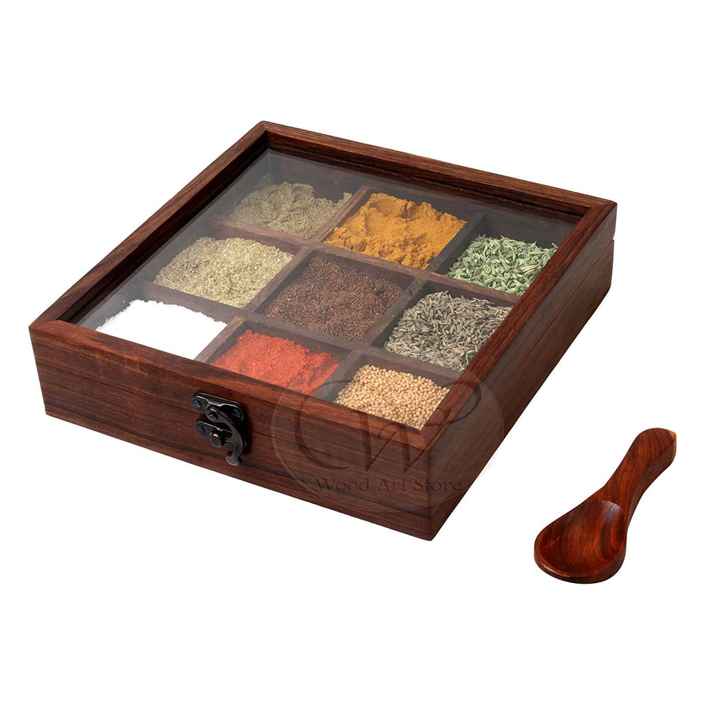 Wooden Spice Box with Antique Lock Table Top Masala Dabba 9 Section/Partition Jars Cum Kitchen with Glass and Spoon (8x8x2 inch, Brown)